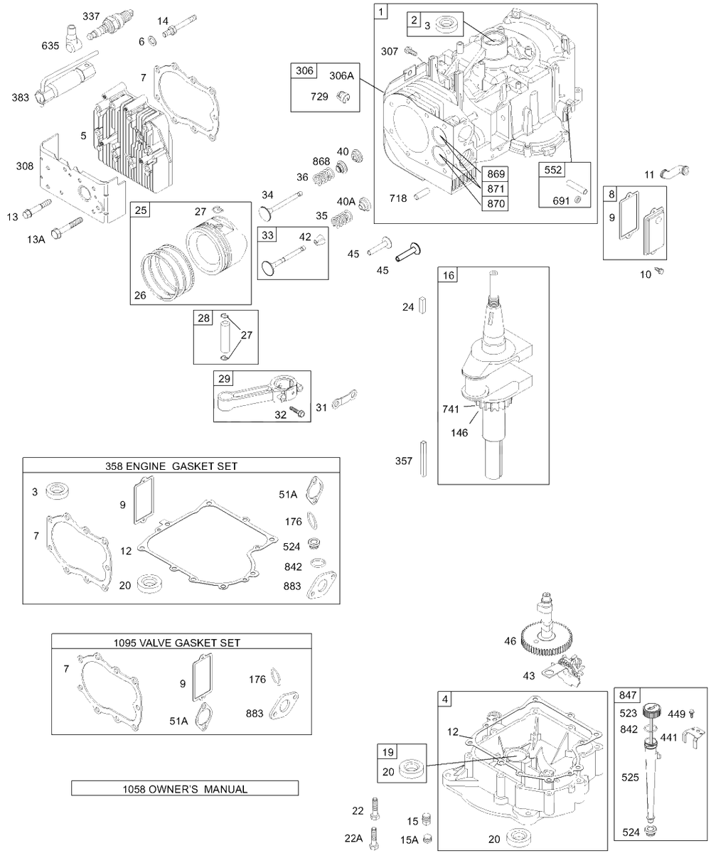 Cylinder, Crankshaft, Piston, Head, Engine, Valve Gasket, Sump, Oil Diagram and Parts List for 194702-4526-XX  Briggs and Stratton Engine